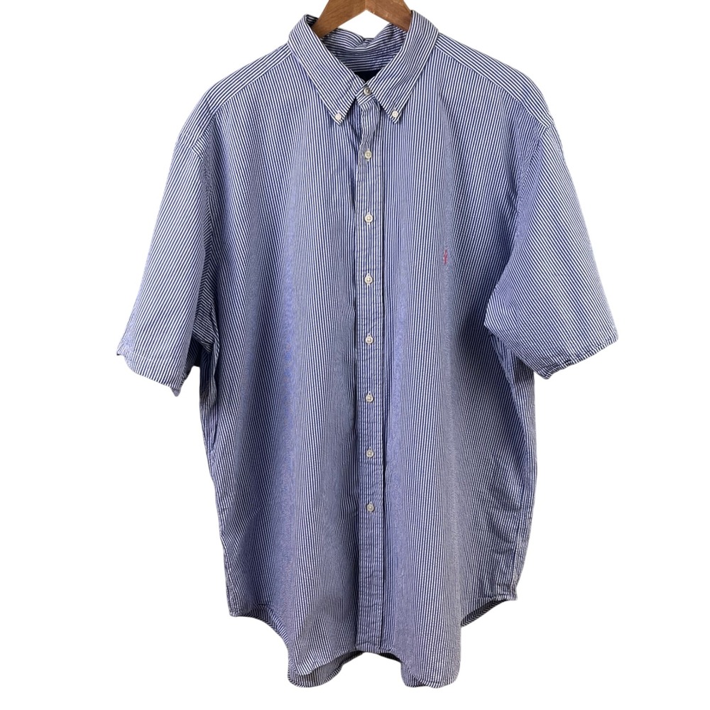 Ralph‎ Lauren Blue White Seersucker Short Sleeve Summer Shirt Pink Pony 2XL Tall